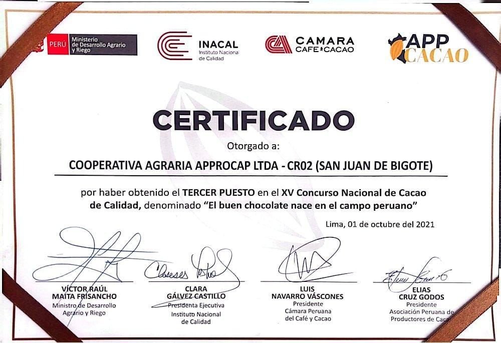 Certificado del 3er puesto en el XV Concurso Nacional de Cacao de Calidad 2021 otorgado a Cooperativa Agraria APPROCAP Ltda.