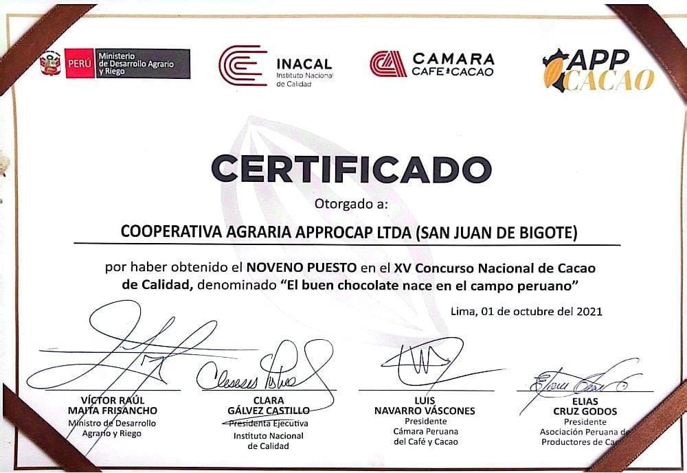 Certificado del 9no puesto en el XV Concurso Nacional de Cacao de Calidad 2021 otorgado a Cooperativa Agraria APPROCAP Ltda.