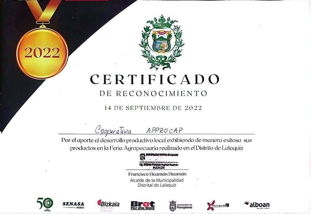 Certificado de reconocimiento de la Municipalidad Distrital de Lalaquiz a Cooperativa APPROCAP, 2022