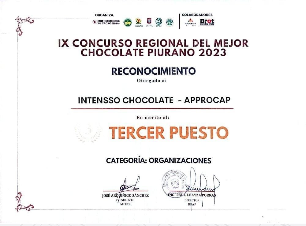 Reconocimiento del 3er puesto en el IX Concurso Regional del Mejor Chocolate Piurano 2023 para INTENSSO Chocolate - APPROCAP