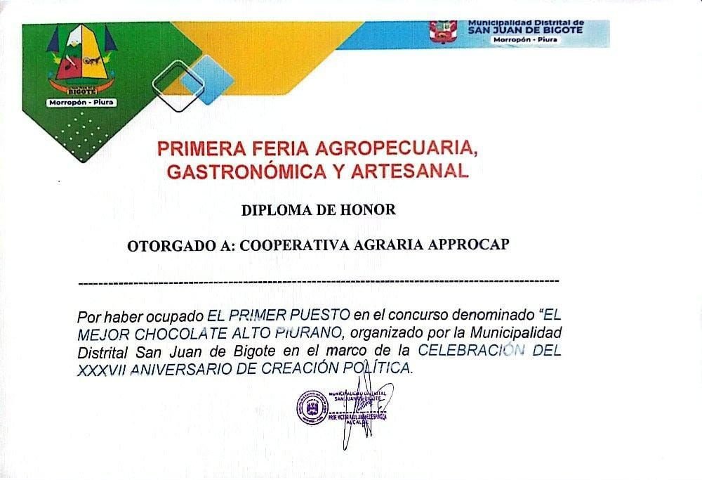 Diploma de honor por el 1er puesto en el concurso El mejor chocolate alto piurano, Municipalidad Distrital de San Juan de Bigote