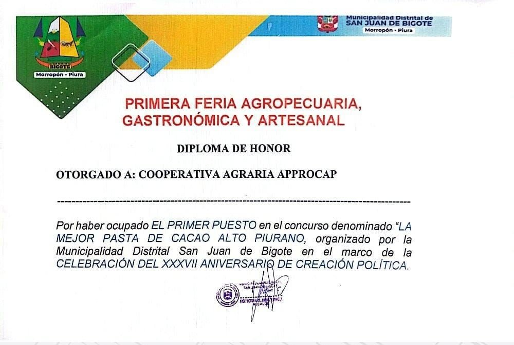 Diploma de honor por el 1er puesto en el concurso La mejor pasta de cacao alto piurano, Municipalidad Distrital de San Juan de Bigote